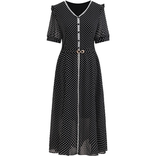 马天奴春秋新款黑色波点连衣裙子法式V领短袖收腰气质时尚流行女