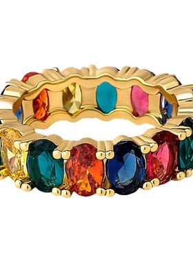 欧美INS嘻哈爆款满锆石戒指彩虹色男女小号网红潮指环HIPHOP RING