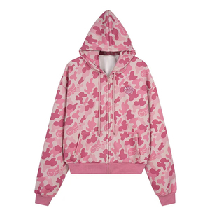 F383 美式复古迷彩印花连帽卫衣开衫男女潮牌宽松休闲街头风外套