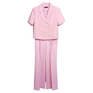 粉色西装套装女夏季职业装时尚气质女神范休闲阔腿裤短袖西服夏天