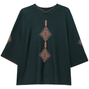 妈妈洋气冰丝打底小衫中年春秋两件套装七分袖中老年春装针织T恤