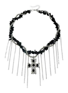 Norns欧美暗黑地雷十字架项链嘻哈摇滚辣妹风黑色石头流苏项饰