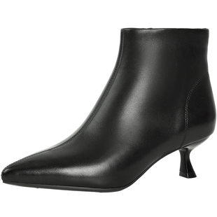 百田森洋气小短靴女款秋冬新款黑色靴子真皮羊皮靴尖头短靴加绒