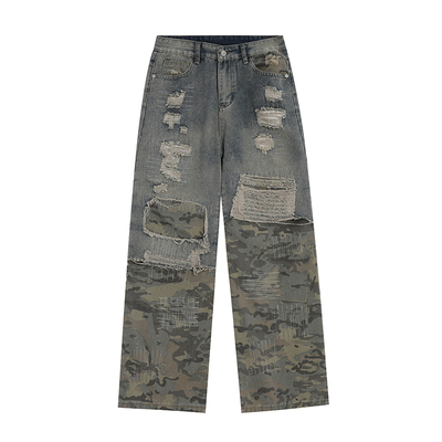 INSstudios破洞拼接假两件牛仔裤