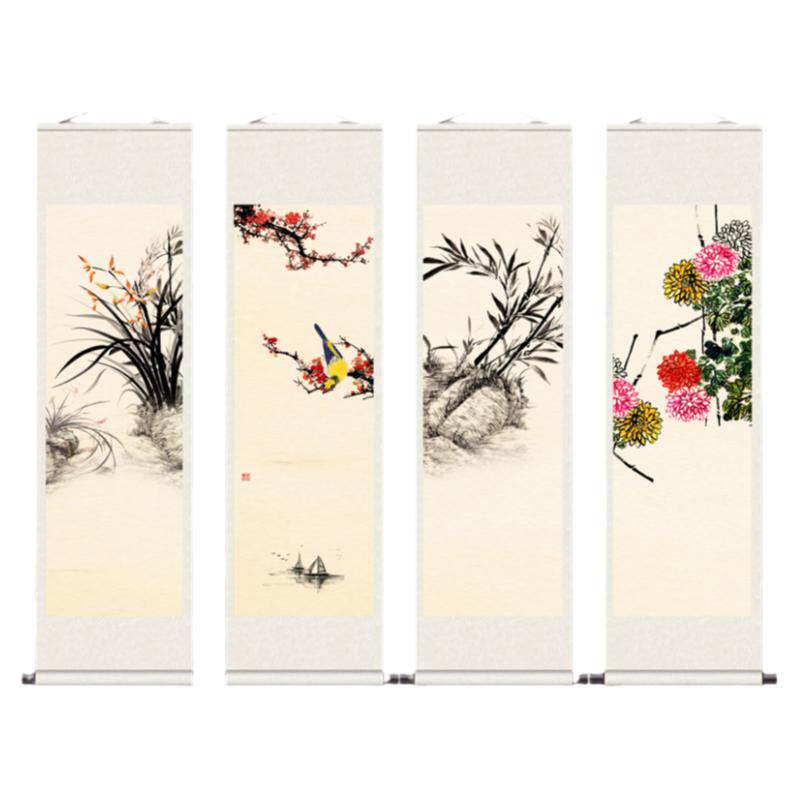 水墨梅兰竹菊四条屏国画花鸟中式挂画客厅沙发背景墙装饰画复古画