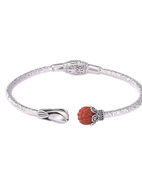 山予棠S999.9足银亮银南红锤纹莲蓬开口中式国风古典素雅复古手镯