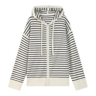 华吉言 【斑马_帽衫】宽松百搭条纹拉链针织开衫连帽外套