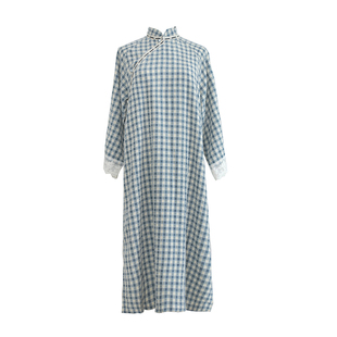 枕梦村庄 西瑶 复古国风改良旗袍宽松格子蕾丝花边连衣裙