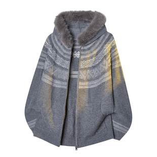 Ami iepo官方连帽费尔岛毛衣男女秋冬爆款复古加厚提花开衫外套