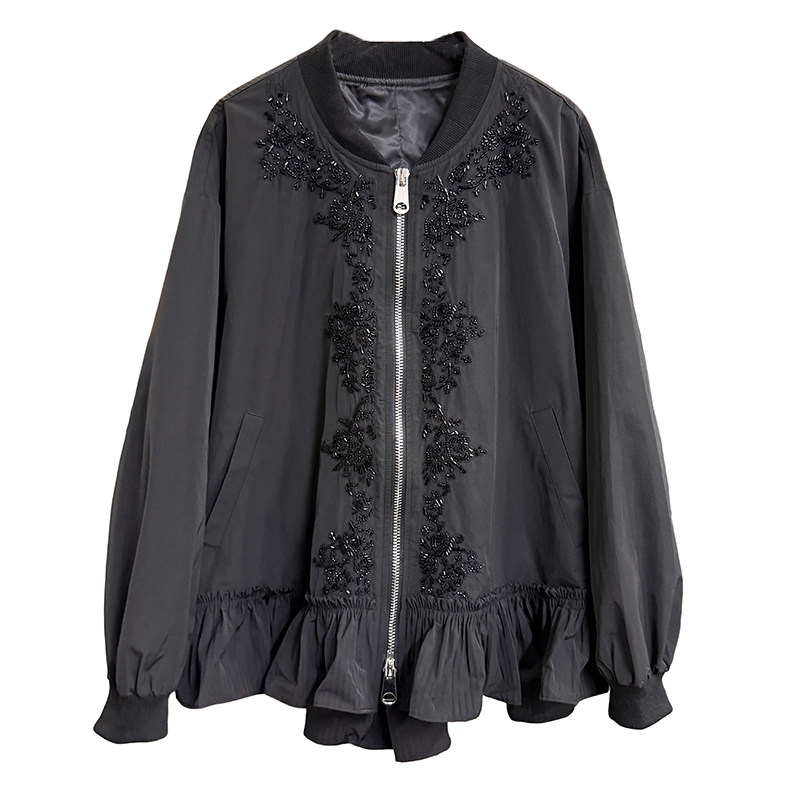 宽松钉珠刺绣拼荷叶边棒球服外套