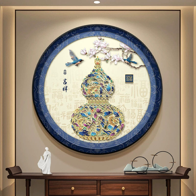 福禄葫芦圆形挂画新中式正对门客厅玄关装饰画好寓意餐厅卧室壁画
