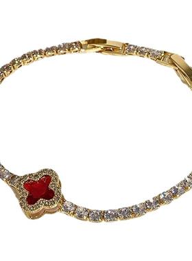 真金电镀四叶草满钻花朵手链女可调节卡扣设计感锆石手饰轻奢