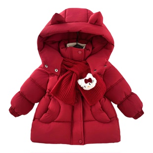 女童棉服加绒加厚款女宝童装中长款棉袄中国红送围巾女孩棉衣外套