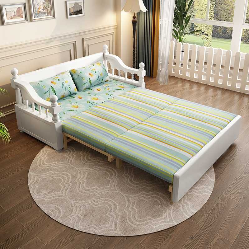 美式实木沙发床可折叠懒人坐卧两用沙发小户型客厅单人双人抽拉床