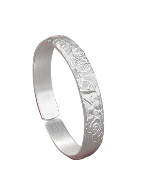 足银999荷香福来手镯纯银雕花手镯女款开口轻奢高级感小众银镯子