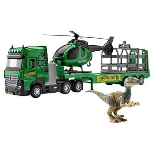 嘉业合金平板运输车恐龙霸王龙带直升机拖挂车声光回力儿童玩具车