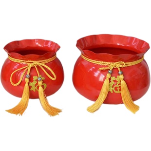 铁艺花盆金属福袋新年元宵花福桶插花桶客厅花卉干花桶中国红色小