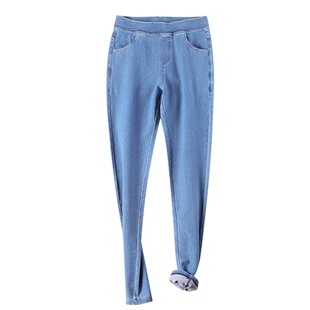 春夏大码针织牛仔裤女厚透气四面弹松紧高腰高弹小脚裤九分裤大码