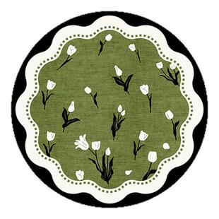 绿色高级感中古风圆形地毯客厅防水梳妆台化妆椅摇椅子地毯垫卧室