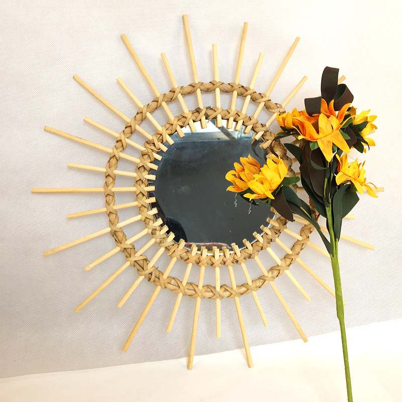 装饰藤条镜子拍照道具装饰镜 家用北欧藤条镜 圆形镜子挂墙