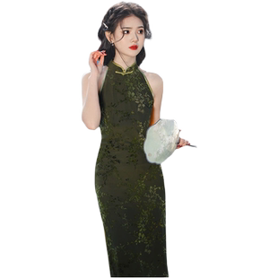 无袖挂脖改良旗袍2026新款年轻款少女性感复古修身宴会高级感礼服
