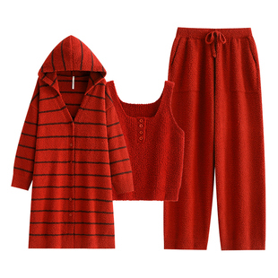 悦内情侣结婚新婚套装睡衣女冬半边绒加厚睡袍家居服男红色本命年