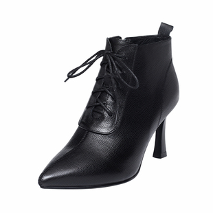 2023年新款秋冬系带高跟鞋女尖头细跟短靴春秋季小跟单靴子真皮鞋