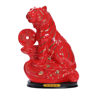 陶瓷描金白虎摆件十二生肖工艺品客厅办公室桌面装饰创意家居摆放