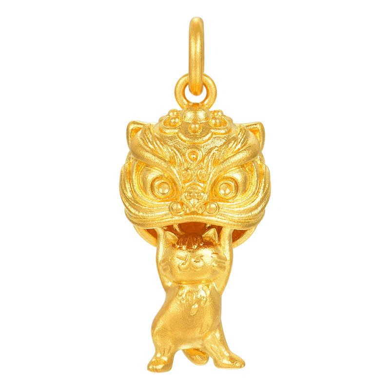 蜜金珠宝 黄金吊坠足金古法文玩系列舞狮小猫项坠HGG1960