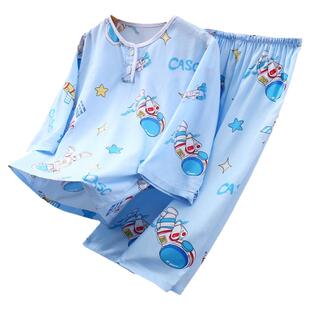 夏季薄款儿童绵绸睡衣男童女童长袖小孩宝宝棉绸空调家居服套装