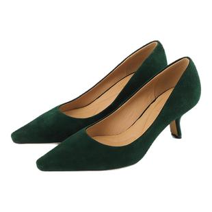 德芙琳法式尖头高跟鞋墨绿绒面浅口单鞋鹿皮6cm细跟气质女鞋