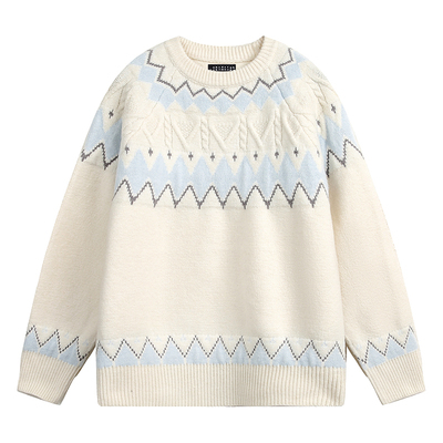 复古白色费尔岛套头毛衣男女