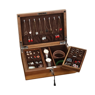 匠功夫纯黑胡桃木首饰收纳盒带锁轻奢实木首饰盒大容量珠宝盒多层