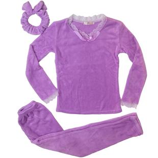 天蓝色冬天的睡衣女加绒加厚保暖珊瑚绒蕾丝公主风送发带两件套装