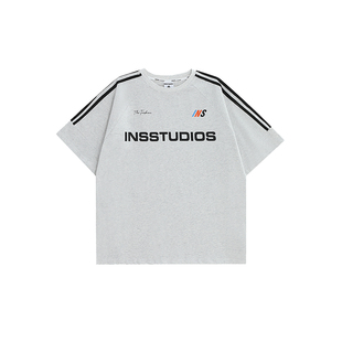 INSstudios 国潮牌情侣美式织带拼接印花LOGO插肩短袖宽松半袖T恤