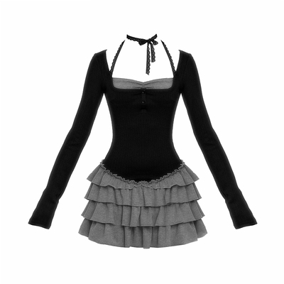 VOCK 酒心黑巧 甜美纯欲芭蕾风假两件针织显瘦蛋糕裙蓬蓬裙连衣裙