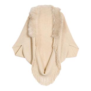 复古大码仿獭兔毛领流苏不规则斗篷披肩女针织开衫中长款披风外套