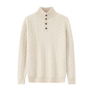 七针双股加厚100%纯羊毛衫男半高领毛衣纽扣提花宽松针织衫秋冬季