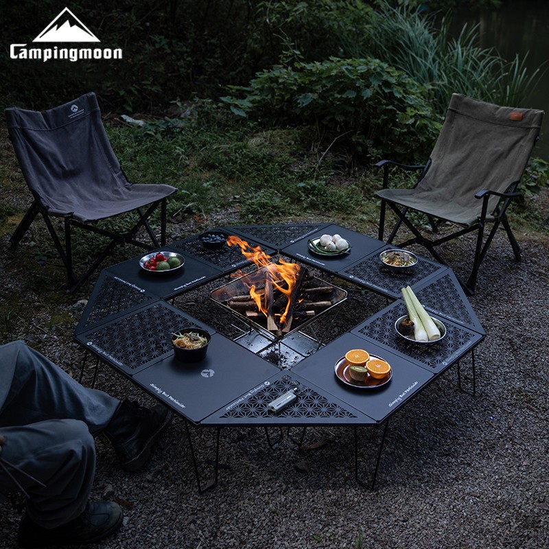 柯曼自驾网格铁架折叠简易野餐桌子承重金属多层搭配竹木板桌车载