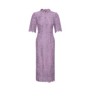 黛玛诗新中式改良旗袍春季新款显瘦优雅蕾丝礼服连衣裙女紫色短袖