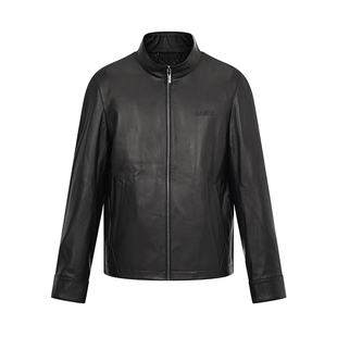 RARE威雅男装 秋冬新款小肌理压纹黑色男士立领夹克皮衣外套