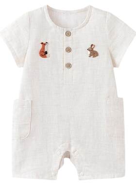 babylove婴儿连体衣夏季薄款棉麻短袖哈衣爬服简约休闲外出服