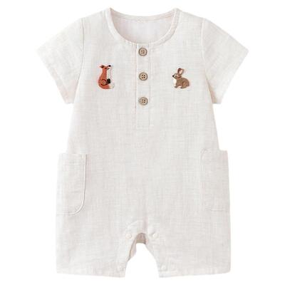 babylove婴儿连体衣夏季薄款棉麻短袖哈衣爬服简约休闲外出服