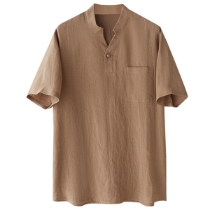 朴笙记夏季薄款纯麻t恤复古中国风小立领亚麻短袖大码透气禅茶服