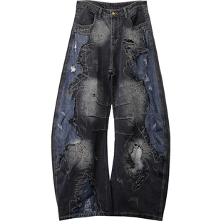 小众废土重工补丁洗水做旧拼接刺绣毛边解构弯刀牛仔裤宽松阔腿裤