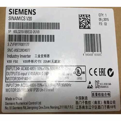 议价6SL3210-5BE32-2UV0 西门子V20变频器 380-480V 3AC 功率30KW