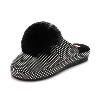 冬季厚底皮面棉拖鞋女居家时尚黑色条纹毛毛球室内韩版防水PU拖鞋