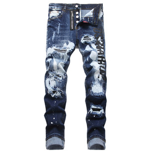 美式高街破洞乞丐牛仔裤男款潮牌修身小脚轻奢休闲长裤子补丁百搭