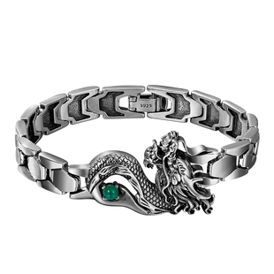 原创创意手表带绿色宝石龙图腾男款纯银手链男士个性潮人简约欧美