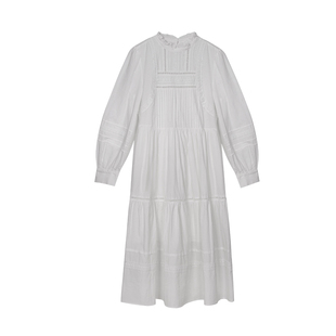 无拘2025年春秋立领拼接长袖衬衫裙白色镂空法式复古木耳边连衣裙